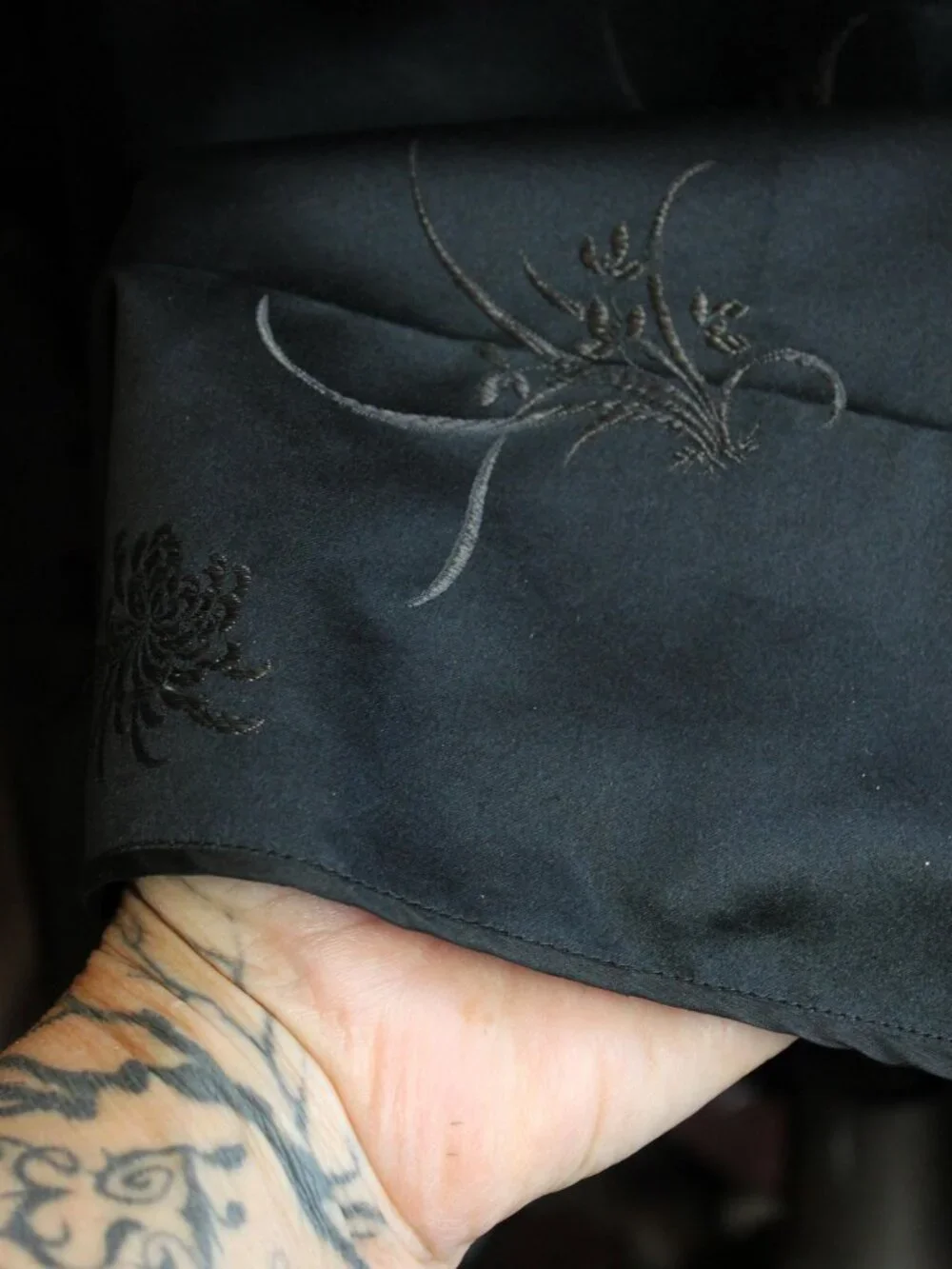 Vintage 1960s Dress, Black Satin Brocade Gown, Portrait Neckline Wiggle Style - Picture 7 of 13
